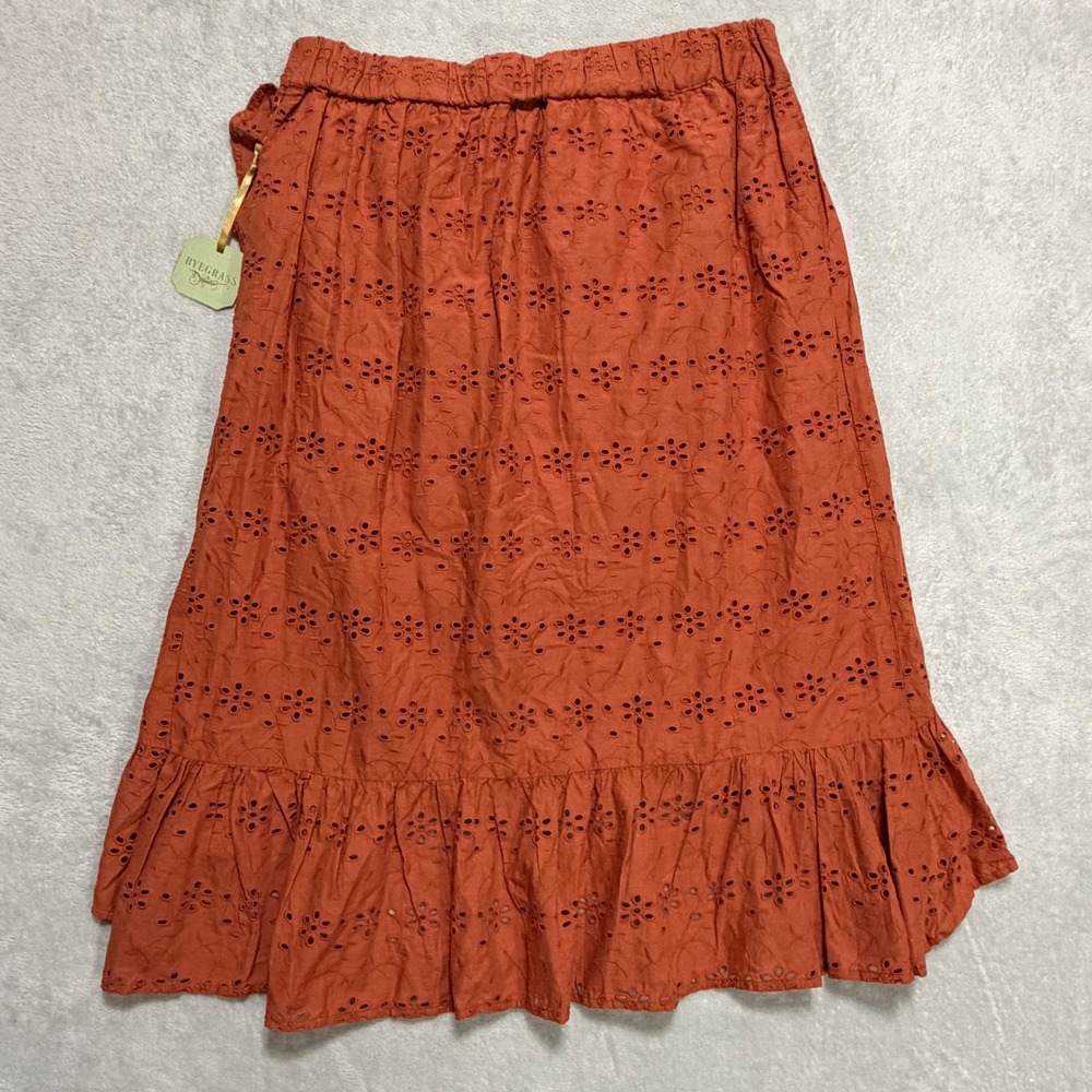 Ryegrass Eyelet Ruffle Midi Skirt Women XL Foxtail Orange Boho Cotton Autumn - Picture 3 of 10